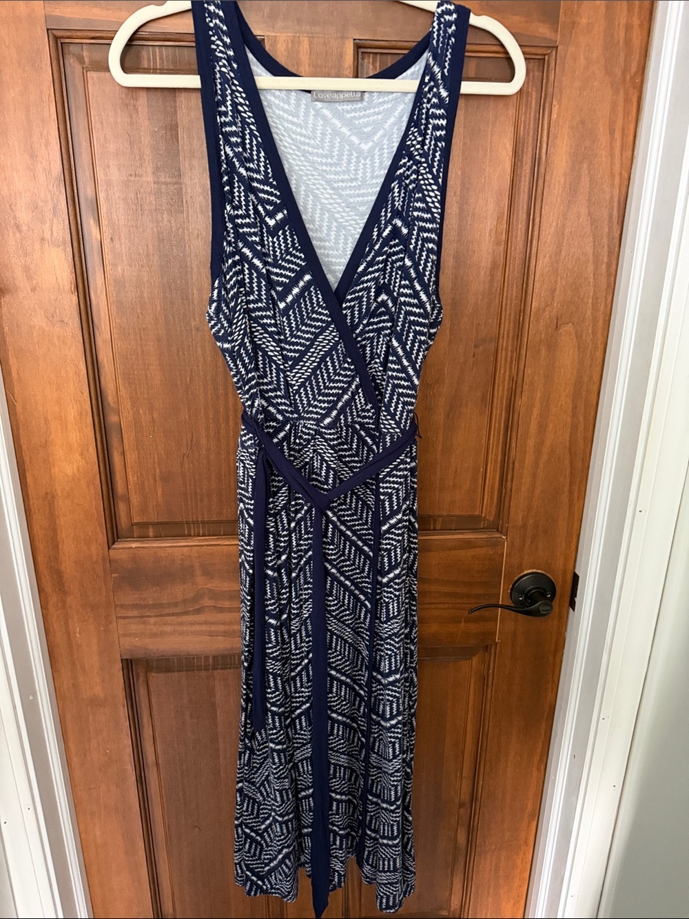 Loveappella Navy & White Sleeveless Wrap Midi Dress